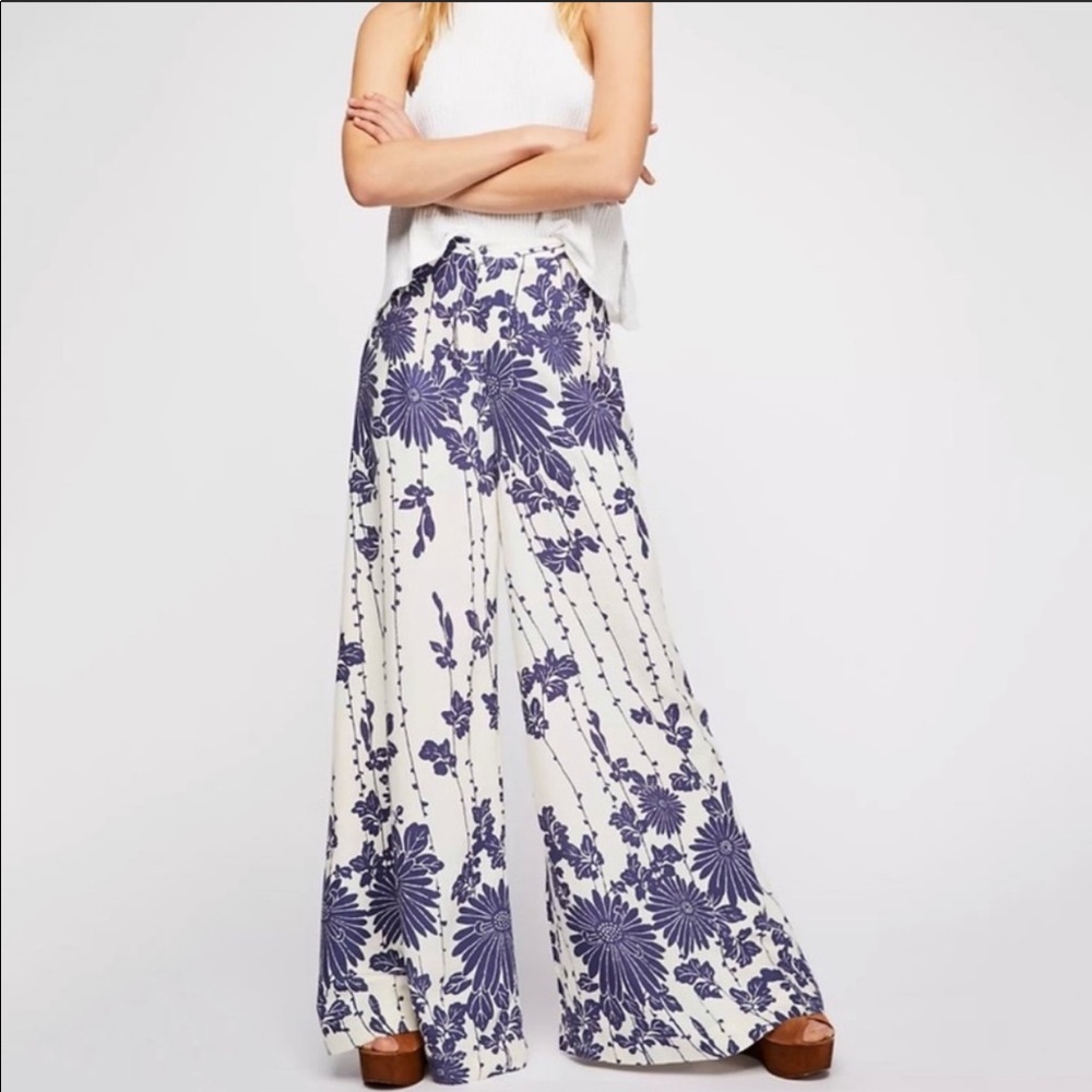 Free People Sundae Stroll Wide Leg Pants Blue & White Floral